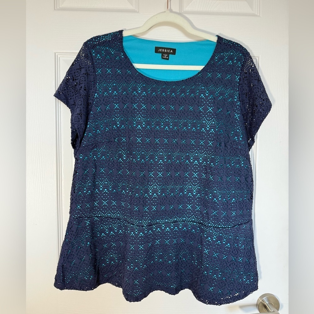 4/$20 Jessica Sears Navy and Teal Crochet Peplum blouse- size 16/18 1X NWOT